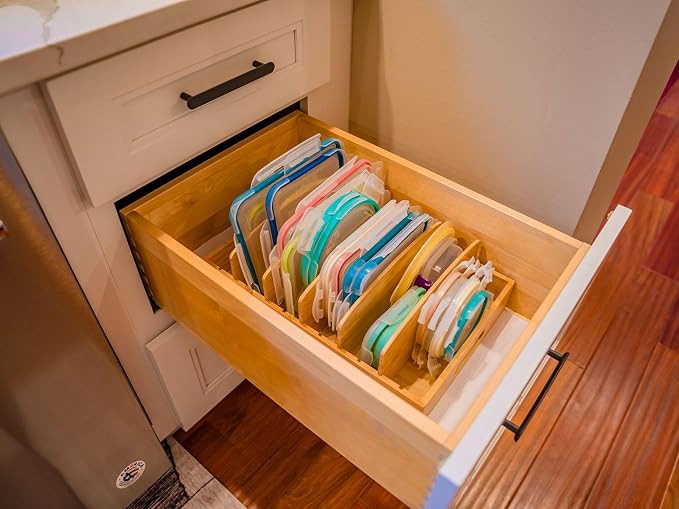 Extra Large Bamboo Food Container Lid Organizer for Kitchen Cabinet | Adjustable Slots - Tall Dividers for Large Lids - Premium Bamboo, Pretty Color - Versatile Caddy in Drawer - Anti-Skid Pads