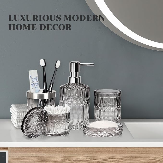 Bathroom Clear Glass Accessories Set, 5Pcs Bathroom Soap Dispenser Set, Glass Bathroom Accessories with Glass Soap Dispenser, Soap Dish, Toothbrush Holder, Tumbler, Cotton Swab Jar (Black & Clear)
