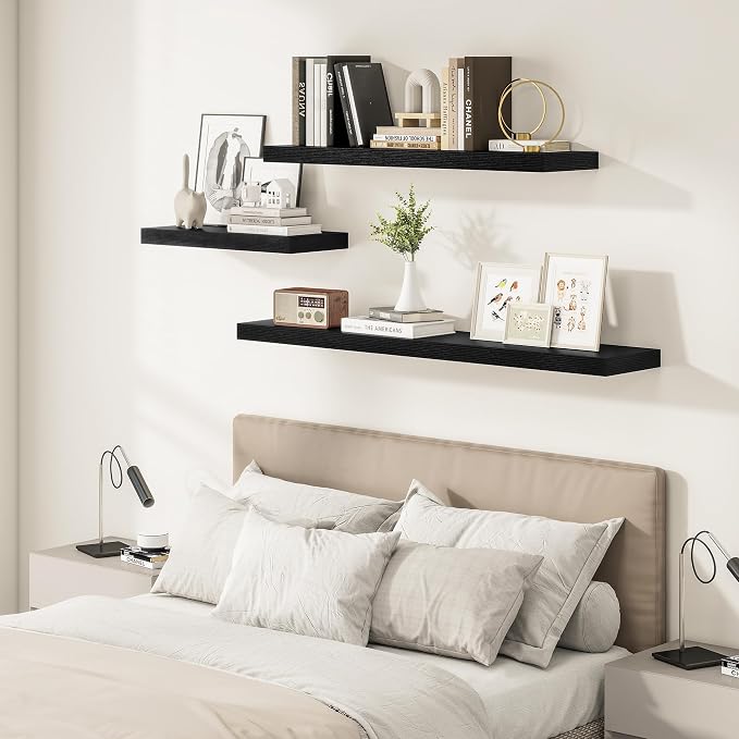 Vivelove Deep Floating Shelves 48x12” Set of 2, Black | Easy Install With Hardware, 2" Thick, Invisible Brackets, Wall Mounted, No Sagging, For Any Room