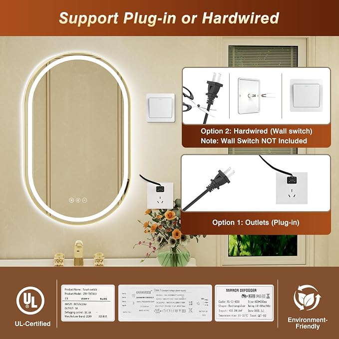 24x40 Inch Oval Gold Framed LED Bathroom Mirror with Lights, Built-in Bluetooth Speaker,Tempered Glass,Dimmable Lighted Bathroom Vanity Mirror with 3 Colors, Backlit + Frontlit, Memory, Anti-Fog