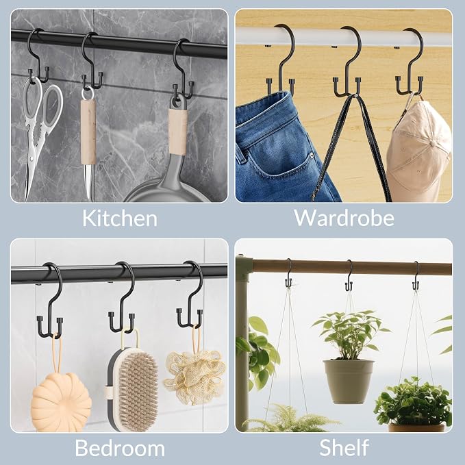 OEH Shower Curtain Hooks, 12 Pcs Shower Curtain Rings, Durable Black Shower Curtain Hooks Rust Proof, Shower Rings for Curtain, Free Sliding Anti-Drop Double Shower Hooks for Shower Curtain Rod, Black