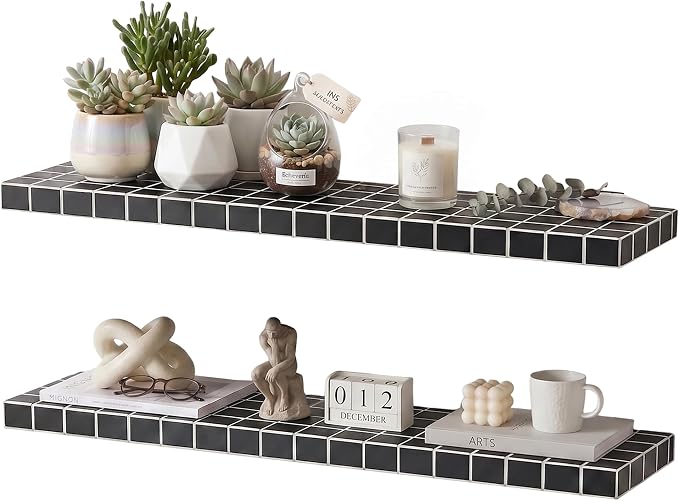 Large Floating Shelves, Set of 2, Modern, Black with White Lines | 35.4"W x 9.4"D x 1.5"H, set of 2, 40 lbs each, 3D tile texture, bathroom & living room, splash-resistant, ~30 min assembly.