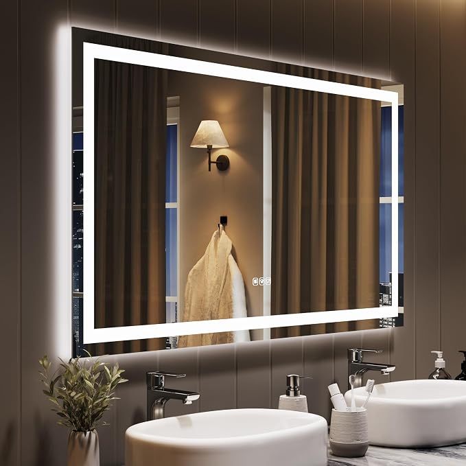 Large LED Bathroom Mirror 60x36 Inch - Frontlit & Backlit Frameless Wall Vanity Mirror with Stepless Dimming, Adjustable Color Temp, Anti-Fog Defogger, Smart Memory & 3X Suction Mirror, Sha