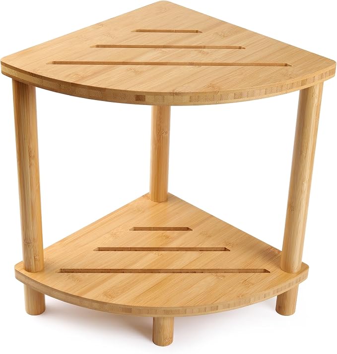 Bamboo Shower Stool for Inside Shower 2-Tier,Corner Shower Bench | Waterproof,Shower Foot Rest with Storage,Space-Saving,Bath Stool For Shaving Leg,Shower Shelves,Shower Caddy,Easy to Assemble