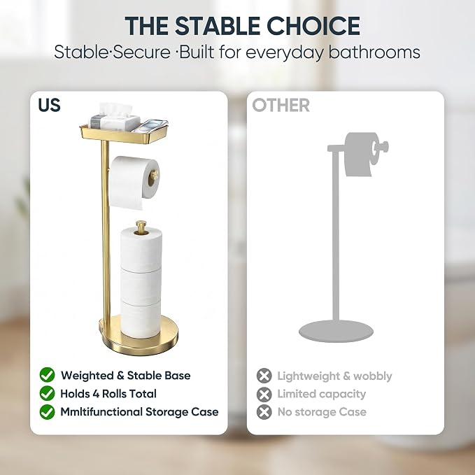 theaoo Toilet Paper Holder Stand with Shelf, Flushable Wipes Dispenser, Free Standing Toilet Tissue Roll Storage Rack Organizer for Bathroom (Gold, Free Standing - with Storage)