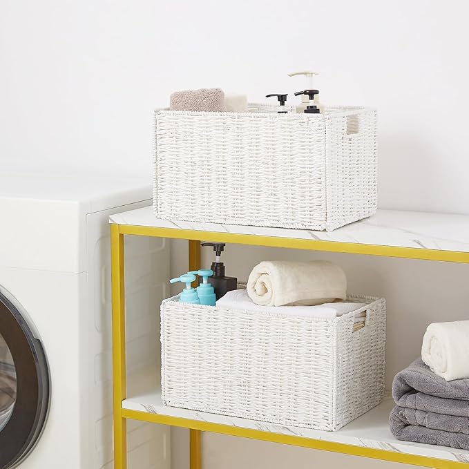 Wicker Storage Basket, Set of 2 Hand-Woven Paper Rope Wicker Basket, Large Storage Baskets for Organizing, Foldable Large Cube Storage Organizer Bins for Shelves (White)