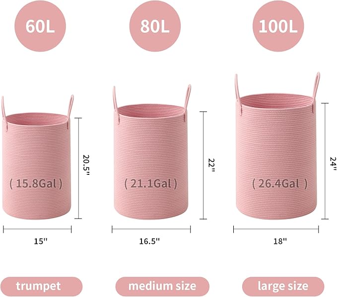 Laundry Basket Hamper Tall Rope Storage Woven for Blanket toys Dirty Clothes in Living Room Bathroom Bedroom (Pink, 80L/21.3Gal)