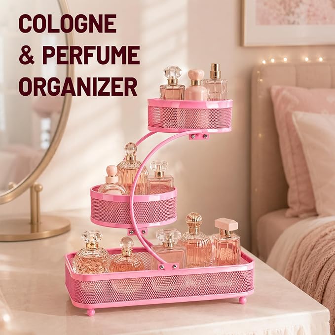 3 Tier Bathroom Counter Organizer-Metal Makeup Organizer for Vanity | Perfume & Cologne Organizer, Metal Wire Mesh Design, Heavy Duty Shelf with Large Storage Capacity, Black
