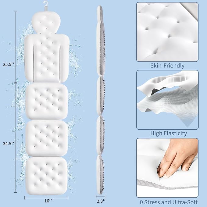 Luxury Bath Cushion, Full Body Bathtub Pillow with 160 Suction Cups, Bath Mat for Head and Neck Support, with Laundry Bag (White, 60" x 16")
