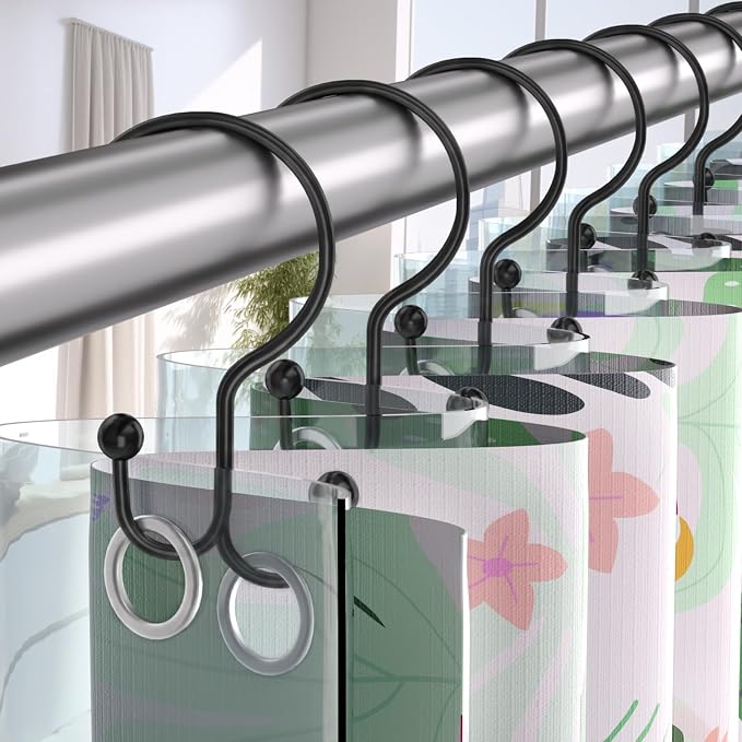 Shower Curtain Hooks, OEH Shower Curtain Rings, Black Shower Curtain Hooks Rust Proof, Decorative Double Shower Hooks for Shower Curtain, Anti-Drop Shower Rings for Curtain & Liners, Black, 12Pack