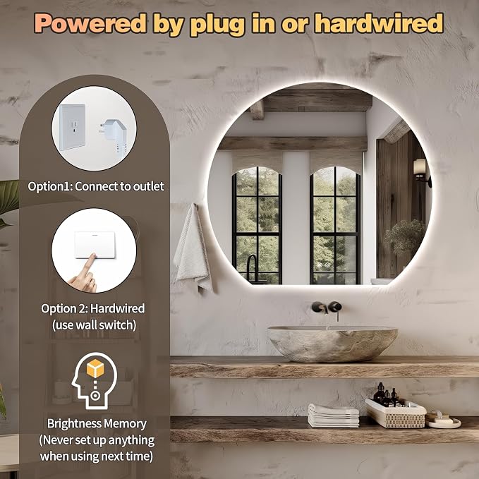 Niccy Round LED Bathroom Mirrors, Half Circle Backlit Mirror, 48" | Frameless Half Moon Mirror for Bathroom Wall, 3 Color Dimmable Anti-Fog Makeup Mirror, Explosion-Proof