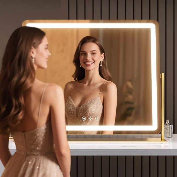 Hasipu Extra Large LED Vanity Mirror 25" x21” - Makeup Mirror with 10X Magnification, Phone Holder, USB Charging & Smart Touch 3-Color Lighting (Gold)