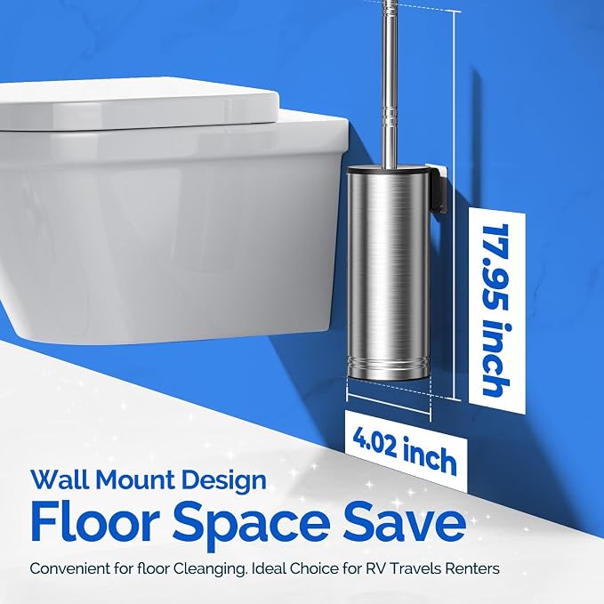 HAMITOR Toilet Brush and Holder Set:Stainless Steel Deep Clean Bathroom | Wall-Mounted Cleaner Brush with Curved Bristle for Home Apartment Bathroom Accessories Silver 1 Pack