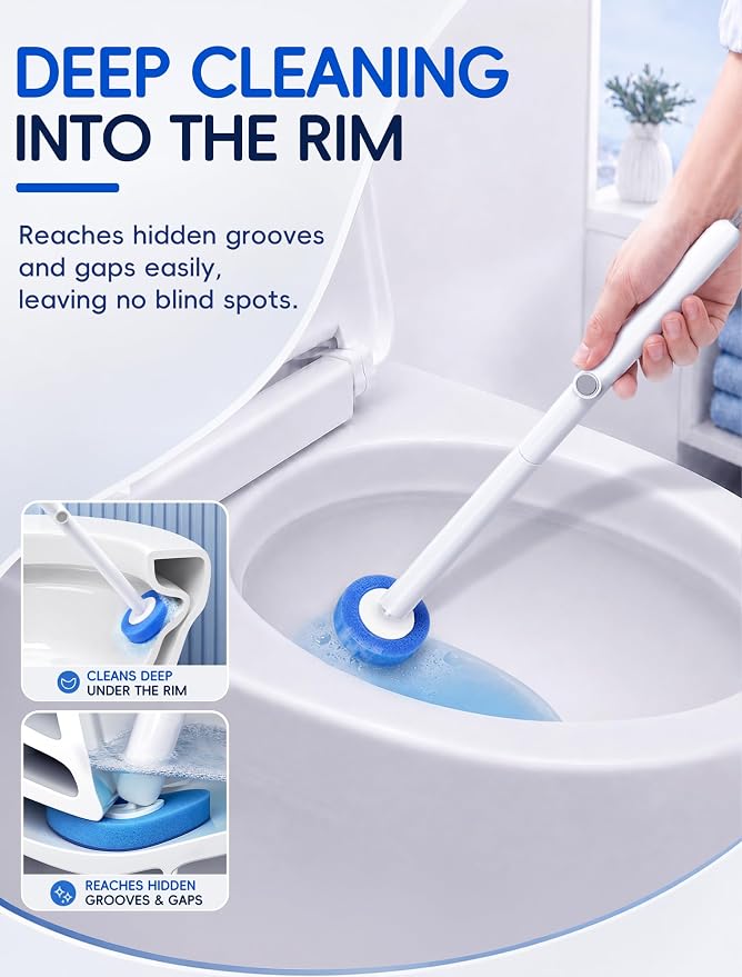 Disposable Toilet Brush System, Toilet Bowl Cleaning Wand with Lift-to-Open Refill Case, Blue Refill Heads and Freestanding Holder, 2 Wand and Holder Sets with 91 Blue Refills
