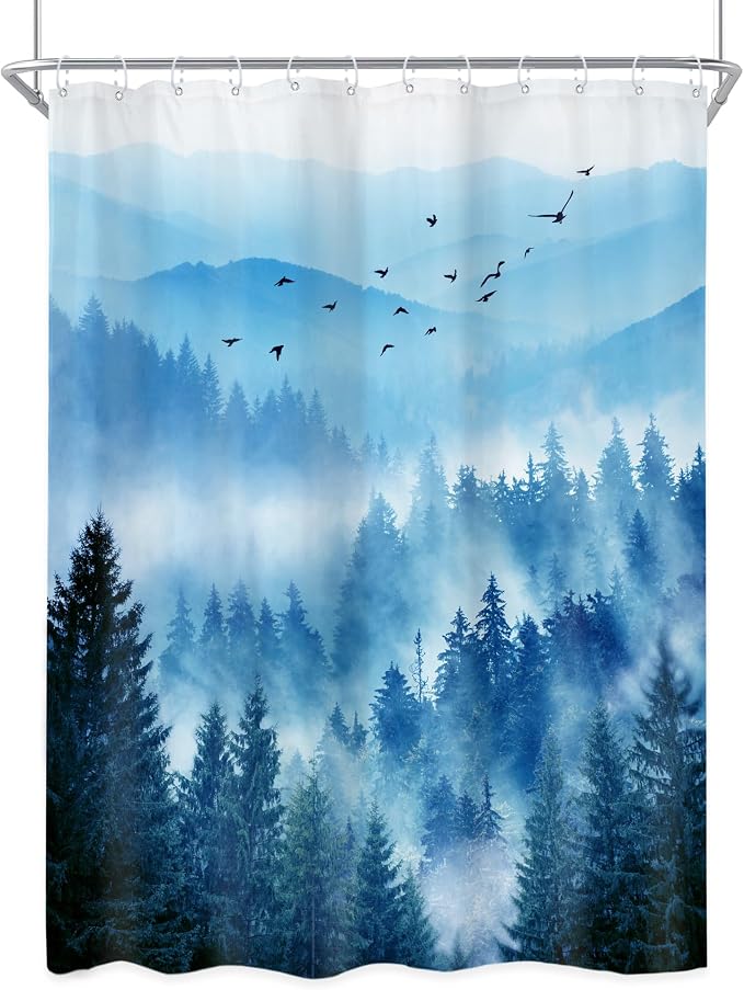 Navy Blue Stall Narrow Rv Small Bathroom Shower Curtain Set | 48"W x 72"L shower curtain, Nature Mountain: HD waterproof print, quick-dry cloth, free hooks for easy installation.
