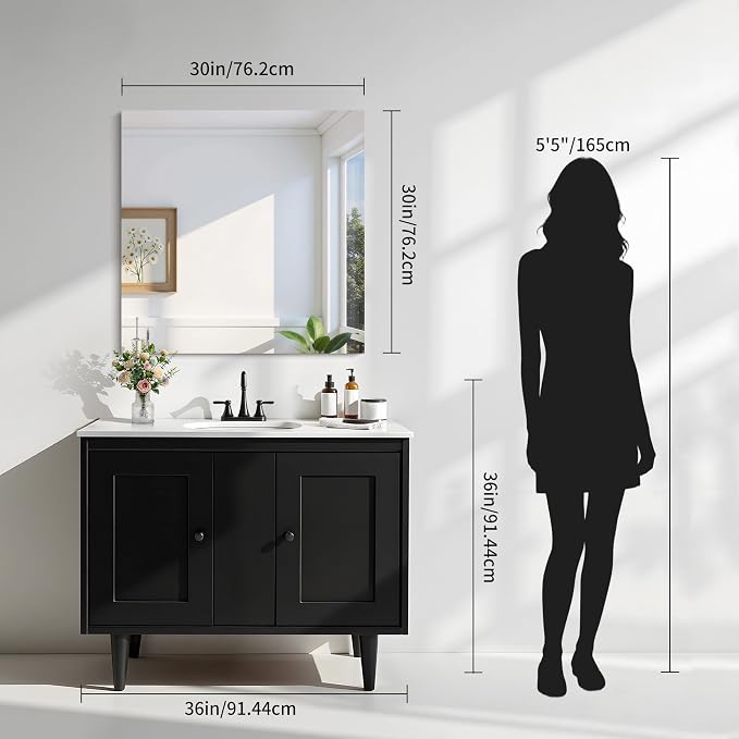 KOCUUY Frameless Mirror, 30"x30" Square Bathroom Mirror for Over Sink, Upgraded Shatterproof Vanity Mirror Unframed Design for Bedroom, Living Room, Entryway