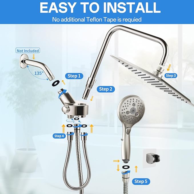 VXV 10 Inch Big Square Rain/Rainfall Shower Head with Adjustable Height, High Pressure 7 Modes Shower Head with Handheld Spray, Brushed Nickel Dual Shower Head Combo with 71" Hose, 360° Rotation (BN)
