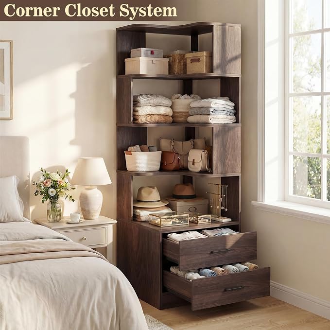 Corner Book Shelf with Drawers, Small Corner Shelf with Drawers | L Shaped BookShelf 6-tier Bookcase for Bedroom Storage, Living Room, Home Office, Kitchen Pantry, Black Walnut