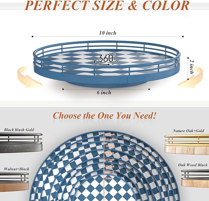 Blue and White Checkerboard Lazy Susan with Rubberwood Base and Metal Rail | Smooth rotating oak tray with walnut finish for dining tables, kitchen counters, pantries and cabinet storage.
