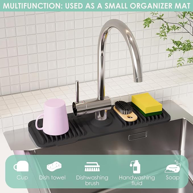 17.7-Inch Silicone Faucet Mat for Kitchen Sink Splash Guard, 7Β° Slope | 17.7"x5.5" water draining mat with fasten button; 1.6-2.75" customizable hole for bathroom, RV & kitchen sink drip catcher.