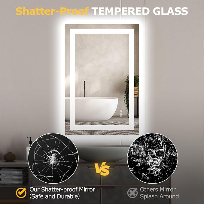 Hivone 24X36 LED Bathroom Mirror with Lights, Anti-Fog, Dimmable, Backlit + Front Lit, Smart Bathroom Vanity Mirror, Memory Function, Shatterproof, Tempered Glass (Horizontal/Vertical)