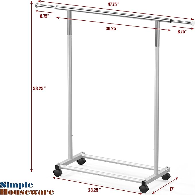 Simple Houseware Standard Rod Garment Clothing Rack, Silver | Single Rail, Extendable Width from 30 to 47 Inches, Rolling Clothing Organizer for Bedroom, Laundry, Living Room