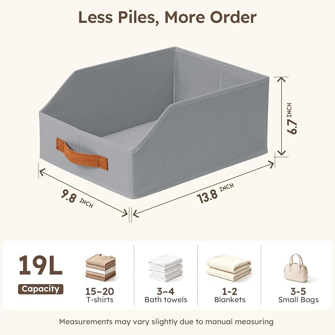 Fabric Storage Bins for Organizing - 6 Pack Large Trapezoid Collapsible Storage Bins with Front Handle, Closet Organizers and Storage for Bedroom, Home Shelves, Small Spaces, Grey