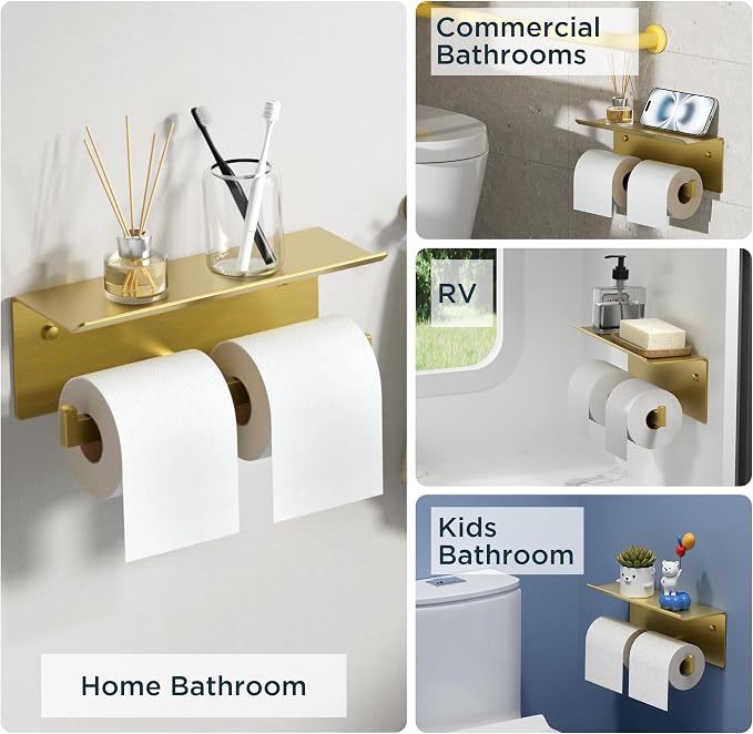 FORIOUS Toilet Paper Holder with Shelf, Commercial Toilet Paper Dispenser | Brushed Gold | SUS304 Stainless Steel Wall Mount Double Bathroom Tissue Roll Holder for Hotel, Apartments, etc