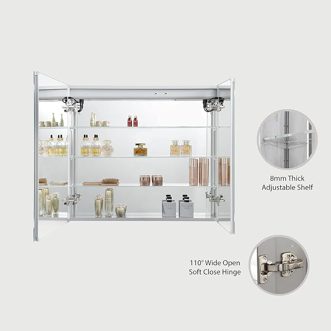 Blossom LED Lighted Bathroom Medicine Cabinet Mirror, Defogger, 36x32 | Bathroom Storage Cabinet, Medicine Cabinets Organizer, Vanity Mirror with Storage, Recessed/Surface Mount, Adjustable Shelves