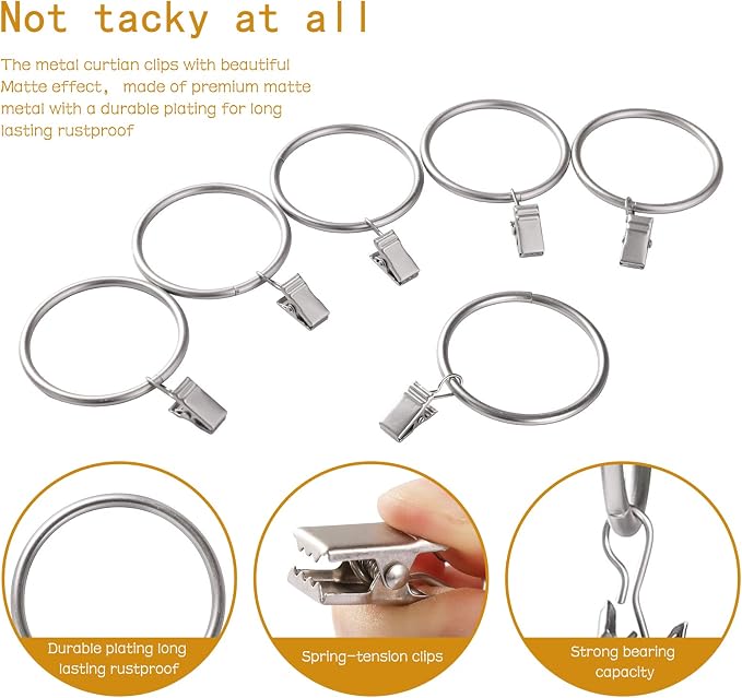 Lansian 44 Pack Curtain Rings with Clips Hooks 1.26 in Diameter Rustproof | Metal Stainless Steel Drapery Rings for Tension Rod Bracket Eyelets Decorative Hanger, Fits 1 in Rods, Matte Silver