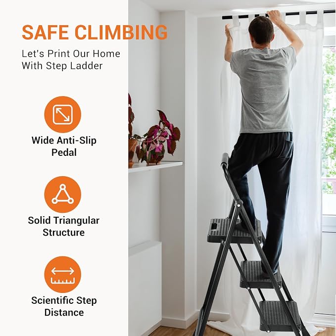 Sweetcrispy 3 Step Ladder, 800lbs Folding Sturdy Step Stool | Portable Stepping Stool with Wide Anti-Silp Pedal & Cushioned Handle, for Home Kitchen and Outdoor - Black
