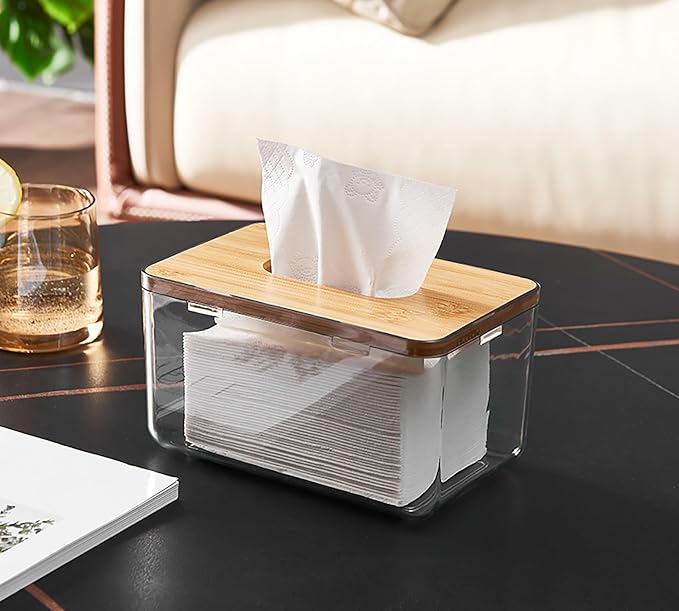 Acrylic Tissue Box Cover, Bamboo Dryer Sheet Holder, Wooden Rectangular Dryer Sheet Dispenser for Storage on Bathroom Vanity, Countertop, Bedroom Dresser