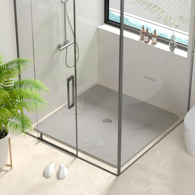 HITSLAM Square Shower Mat, 40 x 40 Inch Non Slip Bath Mat for Tub, Soft PVC Loofah Bathtub Mats with Drain Holes, Quick Drying Bathroom Stall Floor Mat, Bathroom Accessories Without Suction Cup, Grey