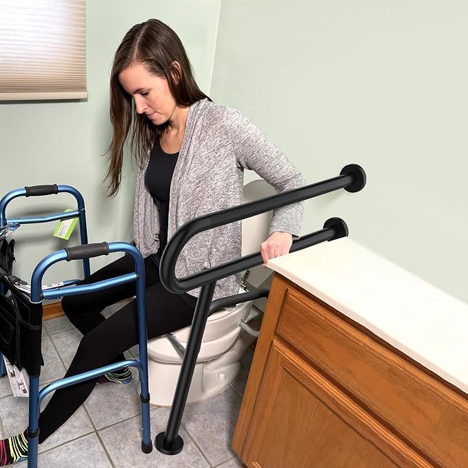 Toilet Support Rail 32 Inch, Munzong Black Handicap Grab Bar Seniors | Anti-Slip Stainless Steel Knurled Safety Handrails with Leg for Elderly Bathroom Disabled Pregnant-1.25’Tube
