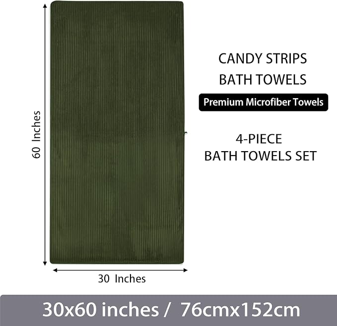 4 Piece Bath Towels, 30"x60" Microfiber Towels Set, Olive Green | Large Bathroom Towels, Soft Touch, Highly Absorbent, Quick Dry, Lint Free, Long-Lasting, Family Use, Guest Bath & Daily Use