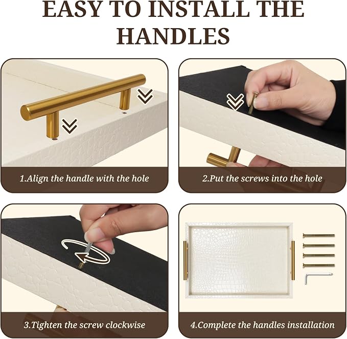SXNOWS Faux Leather Serving Tray with Gold Handles, 17x12 in | Elegant Cream Rectangle Decorative Tray, Perfect for Ottoman Coffee Table Kitchen Bar, Stylish Gift for Home Decor