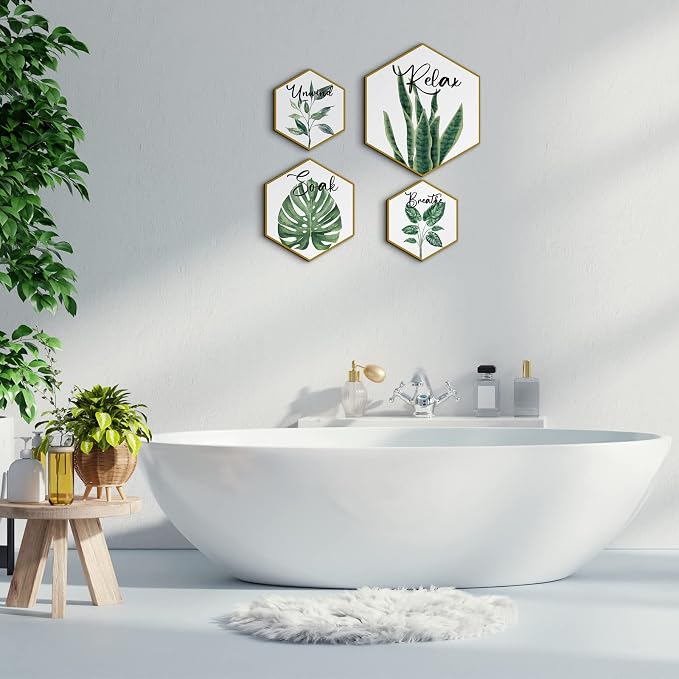 Hoteam Set of 4 Green Eucalyptus Bathroom Decor Botanical Wall Art Green and Gold Bathroom Decor Wall Art Relax Soak Unwind Breathe Paintings