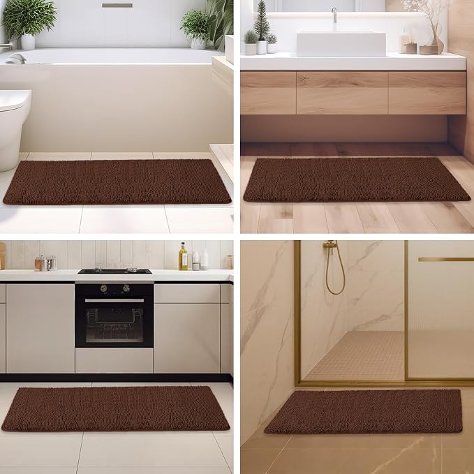 Brown Bathroom Rugs – Absorbent and Washable Bath Mat, Non-Slip, Thick Soft Chenille Bath Rugs for Bathroom Floor, Shower, Sink - 26" x 44"
