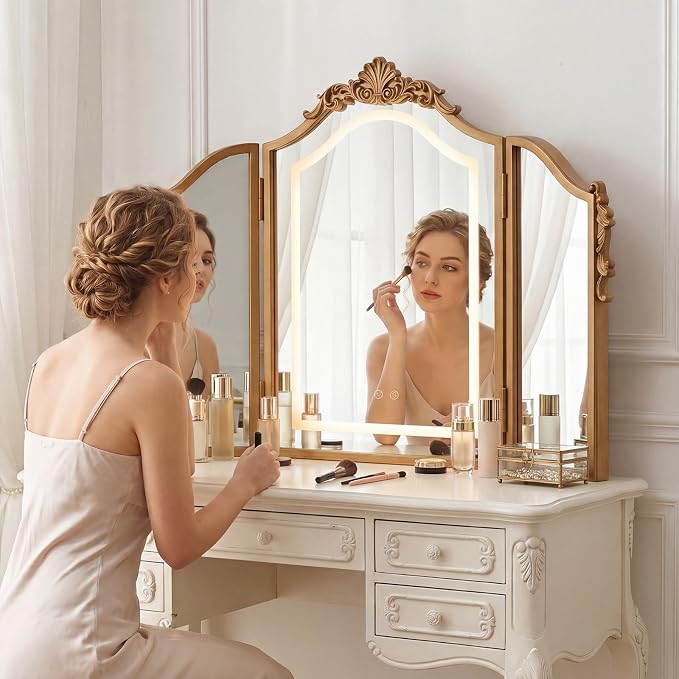 LED Trifold Vanity Mirror 3 Way for Braiding Hair | 3 Color Lighting Dimming, LED Golden Adjustable Arch Triple Fold, Bathroom Bedroom Decor, Thoughtful Gift Option, 31 x 23 In