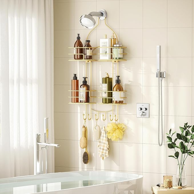 SRIWATANA Shower Caddy Hanging, Shower Organizer with Razor Hooks, Gold | Rustproof Shower Rack, No Drilling Shelves Over Shower Head, Anti-Swing Scution Install, Bathroom Holder for Sponge Loofah