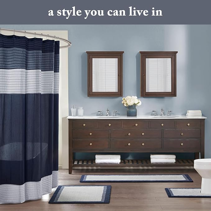 Madison Park Bathroom Shower Curtain, 72 x 84 Extra Long, Faux Silk, Navy | Modern Classic, Light Sheen, Pieced, Striped, Microfiber, Machine Washable, OEKO-TEX Certified, Amherst