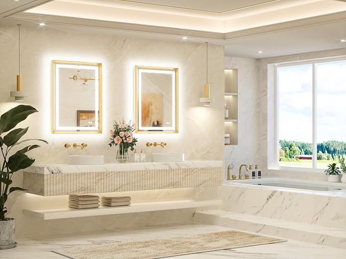 24 x 32 Bathroom LED Mirror Brushed Gold Metal Frame Frontlit & Backlit Vanity Mirror Anti-Fog Stepless Dimmable 3 Colors White/Warm/Natural Mirror with Lights Wall-Mounted