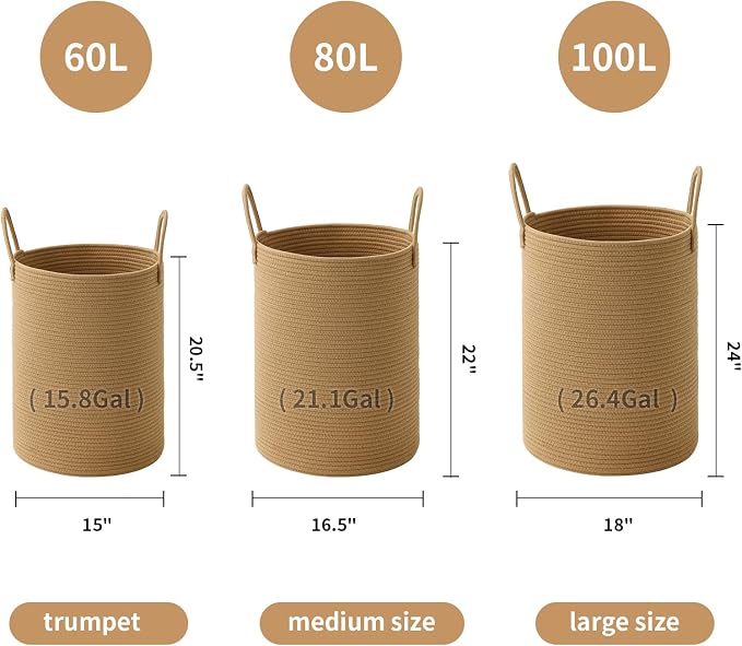Laundry Basket Hamper Tall Rope Storage Woven for Blanket toys Dirty Clothes in Living Room Bathroom Bedroom (Jute Brown, 60L/15.8Gal)