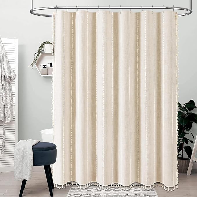 72x96 Extra Long Boho Linen Heavy Duty Shower Curtain Set, Cream/Beige | Extra Tall Size, 330GSM Linen Blend, Water Repellent, Vintage Striped Fabric, 12 Hooks, Rustic Country, Machine Washable