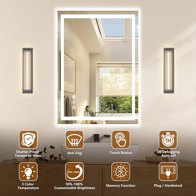 24"x 30" LED Bathroom Mirror with Light Over Sink, for Bathroom Wall | 3 Color, Anti-Fog, Backlit & Frontlit, Stepless Dimmable,Memory, Shatter-Proof, Vertical & Horizontal, Frameless