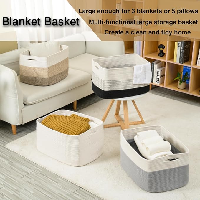 ICERZCZ Large Rectangle Blanket Basket, Large Storage Basket, Cotton Rope Woven Baskets for Storage with Handles, Toy Baskets for Baby Nursery Living Room Bedroom, 22”x17”x12”, White, 75L