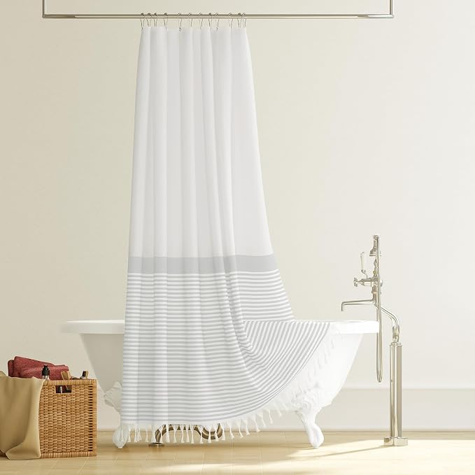 Stall Fabric Shower Curtain, 54x78 Modern Farmhouse Grey and White Boho Striped Cloth Shower Curtain with Tassels, Hotel Luxury Bathroom Shower Curtain Set with 10 Hooks, Grey, 54x78