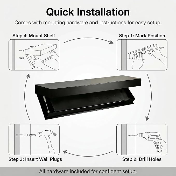 Floating Hidden Shelves for Wall with Concealed Storage Drawer, Hidden Shelf Night Stand with Secret Compartment, for Home Office Living Room, Black