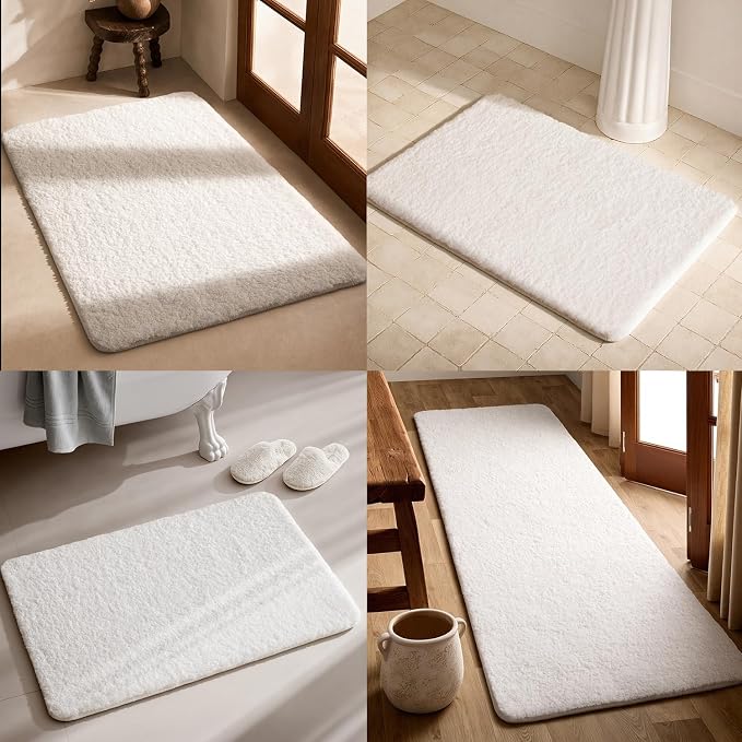 TYUU White Bathroom Rugs, Ultra Soft Bath Rugs Non Slip Washable, Super Absorbent Quick Dry Small Bath Mat with Rubber Backing for Bathroom Floor, Shower, or Sink, White 16" x 24"