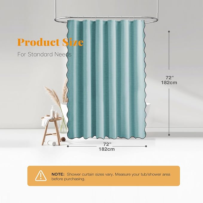 Teal Boho Scalloped Linen Textured Cloth Shower Curtain Set, 72x72 | 230GSM Waterproof Polyester, Heavy Duty Fabric, 12 Plastic Hooks, Modern Farmhouse Style, Machine Washable, Bathroom Decor